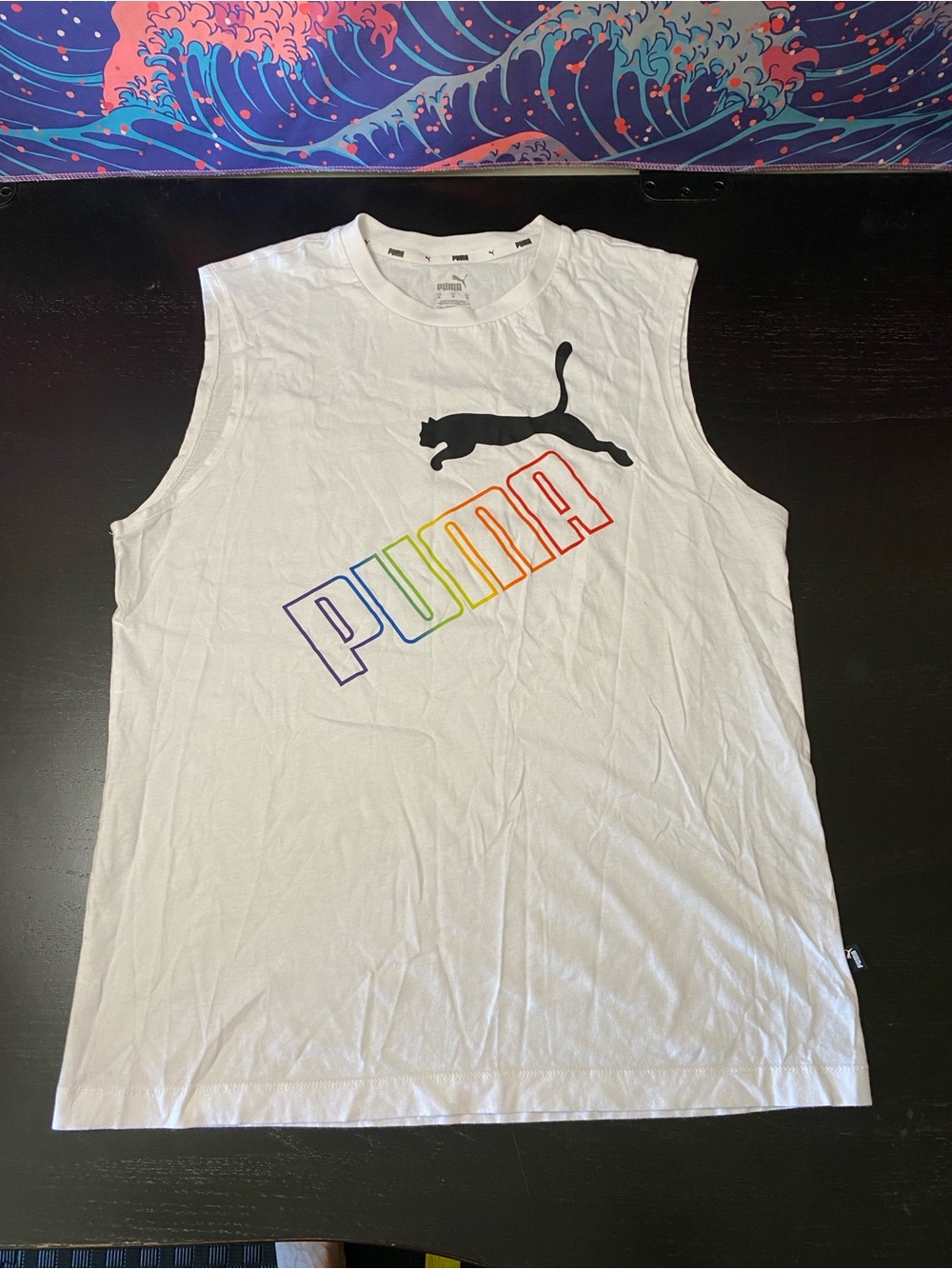 Puma White Tank Top with Black Cat Logo and Rainbow PUMA Text